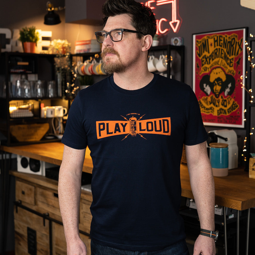 Mick from That Pedal Show wearing a Play Loud t-shirt in Dark Navy