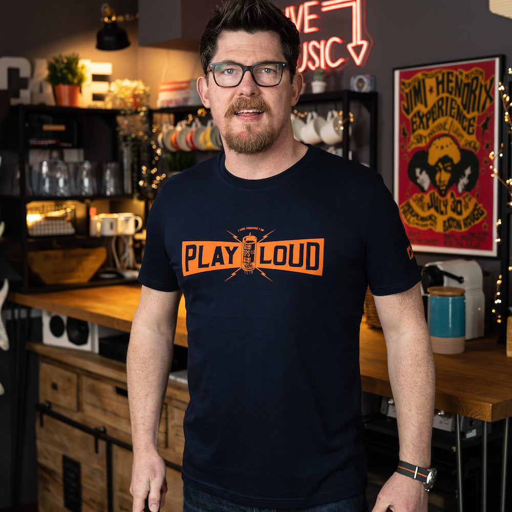 Mick from That Pedal Show wearing a Play Loud t-shirt in Dark Navy