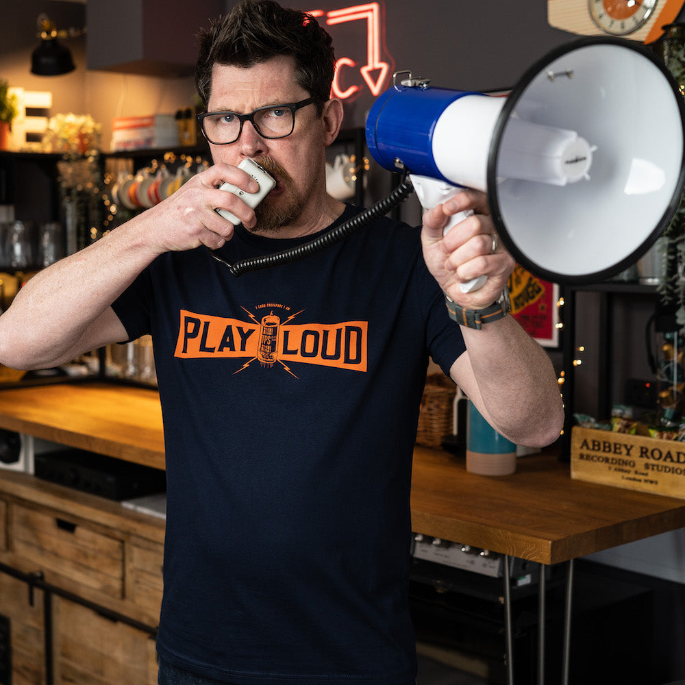 Mick from That Pedal Show wearing a Play Loud t-shirt in Dark Navy with his loud hailer!