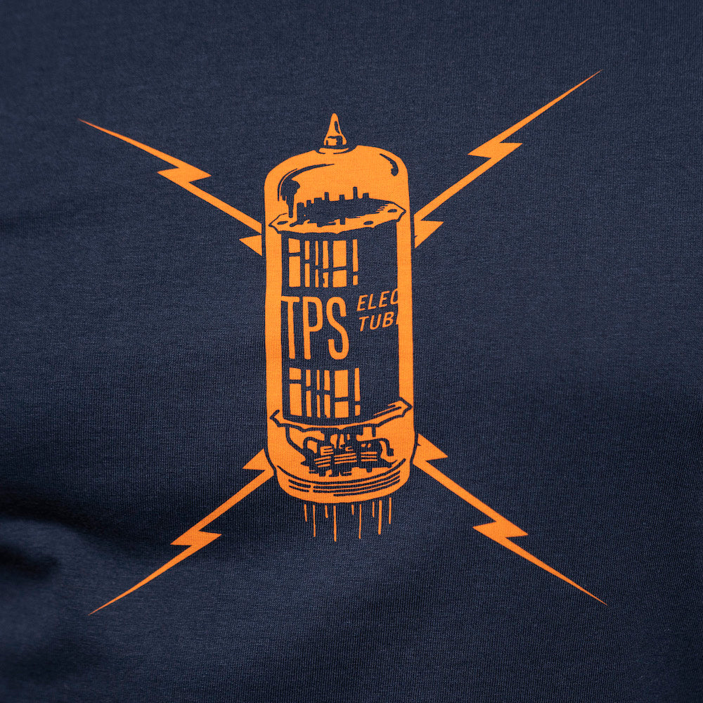 T-shirt design rom That Pedal Show featuring an amplifier valve with lightening bolts