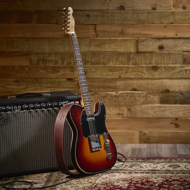 EFFECTED leather guitar strap in dark brown on a Jason Isbell telecaster guitar