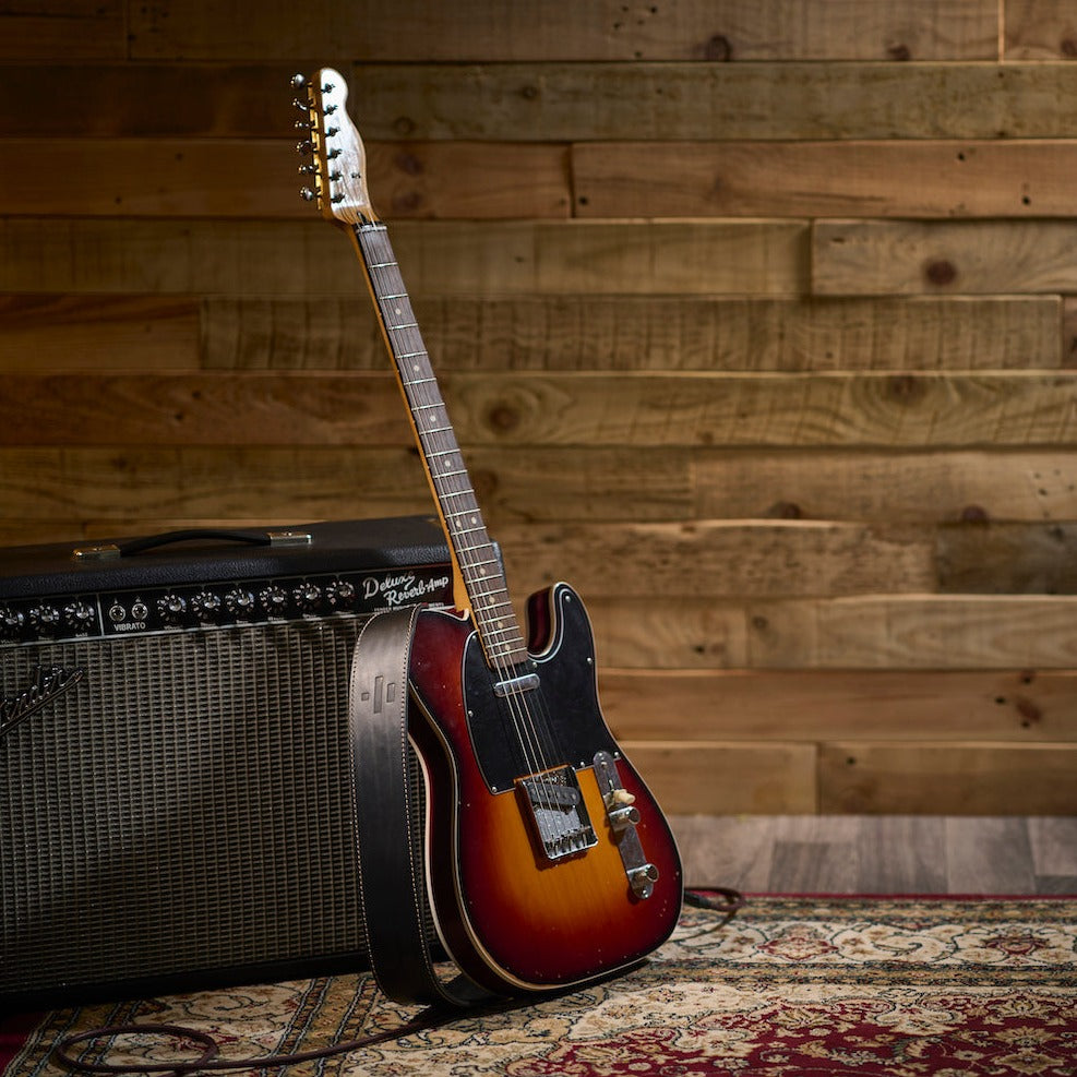 EFFECTED leather guitar strap in black on a Jason Isbell telecaster guitar